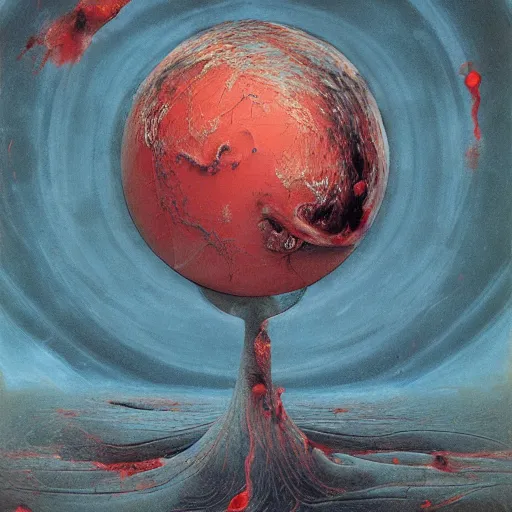 Image similar to a sphere being devoured by abstract splatters of paint in the style of francis bacon, venus being engulfed in flames in the style of james jean, surreal, beksinski, high detailed