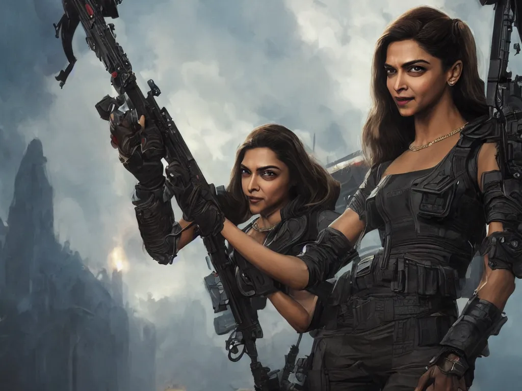 Image similar to Portrait of Deepika Padukone as Baroness in G.I, Joe, with evil smile and holding a gun, in a movie still cinematic, artstation, Greg rutkowski, detailed face, UHD 8K