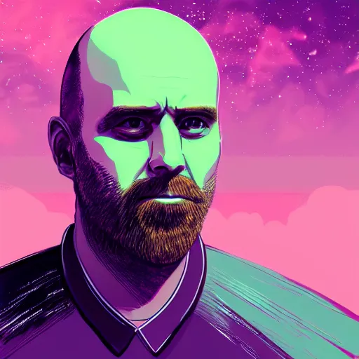 Image similar to portrait of a bald man, synthwave, universe background, nebula, galaxy, artstation