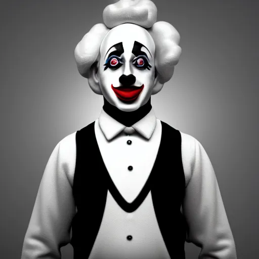 Prompt: a monochrome clown, 3d model, realistic lighting, dynamic reflections