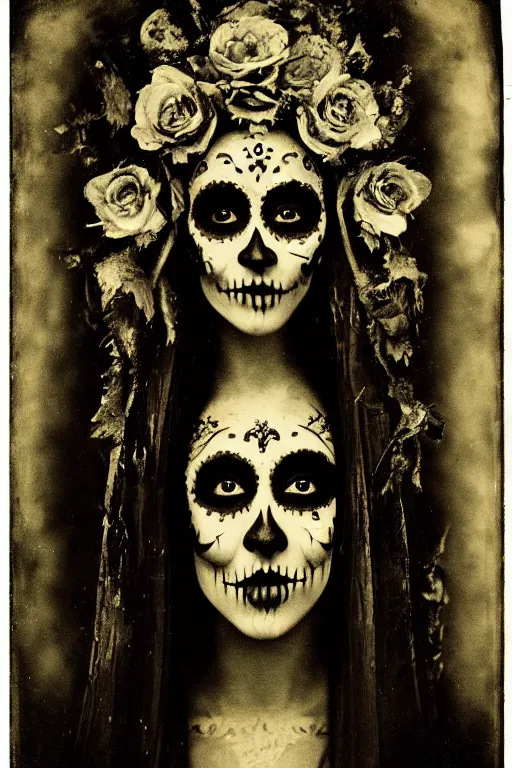 Image similar to photogravure, tintype virgin mary in dia de muertos dress and make up, horrific beautiful vibe, evocative, atmospheric lighting, painted, intricate, highly detailed, leesha hannigan, wayne haag, reyna rochin, ignacio fernandez rios, mark ryden, iris van herpen, stunning, gorgeous, sharp focus, cinematic, masterpiece