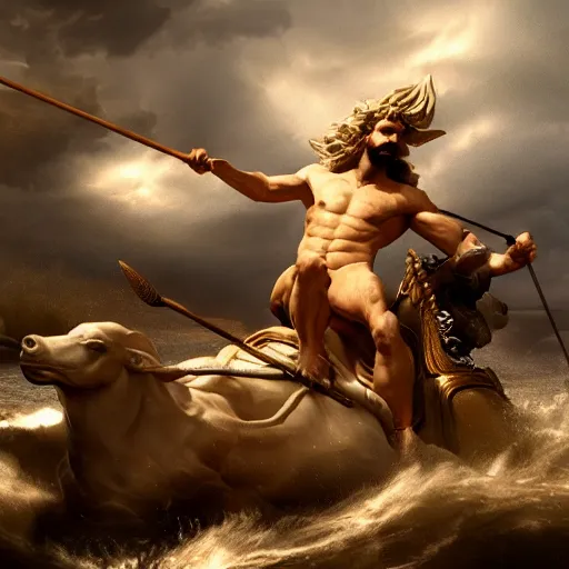 Prompt: Poseidon riding a chariot pulled by hippocampi while holding his trident, 4K detail, artstation