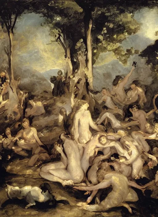 Image similar to artwork painting witches sabbath by goya, eugene von guerard, ivan shishkin, john singer sargent