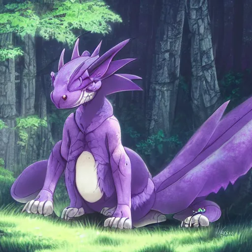 Image similar to concept art painting of a purple anime furry anthro dragon, in the deep forest, realistic, detailed, cel shaded, in the style of makoto shinkai and greg rutkowski and james gurney