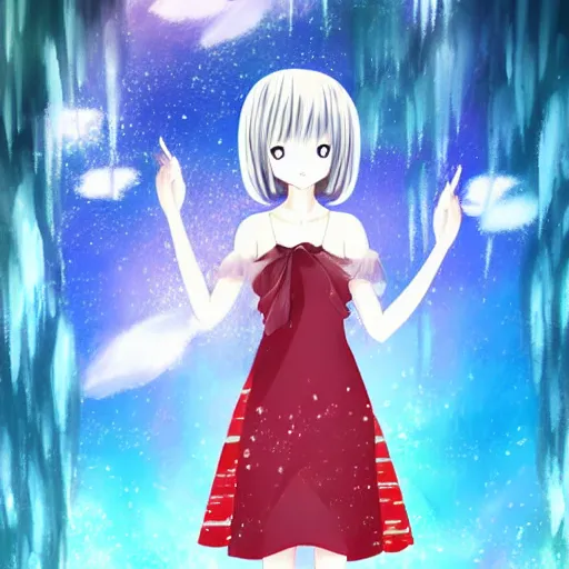 Image similar to advanced digital art a very cute anime girl wearing a dress made of water standing in a crystal lake turning into mist full body