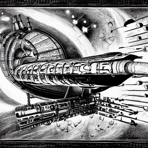 Prompt: atompunk space ship sailing the infinite cosmos, grand scale, raygun gothic style, astrophysics, mathematical drawing, painting by h. r. giger