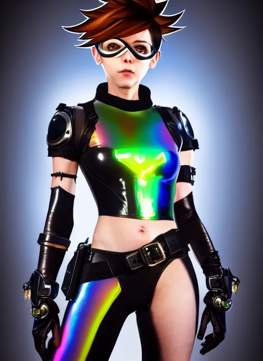 Image similar to full body digital artwork of tracer overwatch, confident pose, wearing black iridescent rainbow latex, 4 k, expressive happy smug expression, makeup, in style of mark arian, wearing detailed black leather collar, wearing sleek armor, black leather harness, expressive detailed face and eyes,