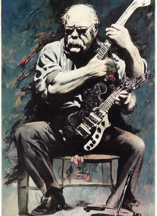 Prompt: Wilford Brimley shredding on an electric guitar, painting by Frank Frazetta