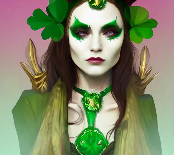 Image similar to beautiful female character inspired by st patricks day parade and floral headdress vampire bounty hunter | | digital artwork made by greg rutswork, anna dittmann and lois van barlee, symmetrical rim light, anatomically correct