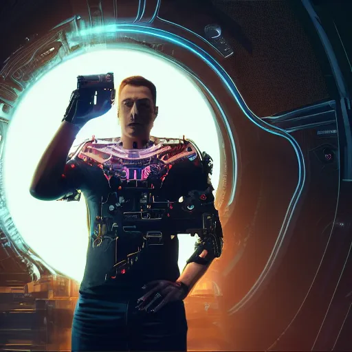 Prompt: looking at camera, ominous portrait of cyborg Elon Musk as a cyberpunk 2077 loading screen, symmetry, front view, intricate, studio, art by anthony macbain + greg rutkowski + alphonse mucha, concept art, 4k, sharp focus