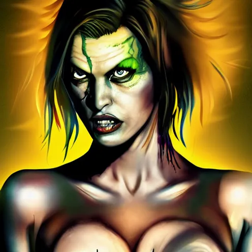 Image similar to angry zombie full body portrait of milla jovovich, new york city background, grimdark horror, stylized digital illustration, radiating a glowing aura, global illumination, ray tracing, hdr, fanart arstation by ian pesty and katarzyna bek - chmiel