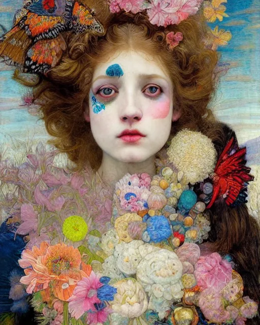Prompt: a beautiful girl in the clouds wearing colourful face paint surrounded by colourful intricate patterns, by edgar maxence and caravaggio and michael whelan, intricate painting, hyper realistic, extremely detailed and beautiful aesthetic face, 8 k resolution