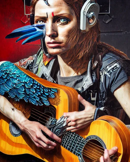 Image similar to a portrait of an anthropomorphic cyberpunk eagle strumming an acoustic guitar by sandra chevrier, by jon foster, detailed render, tape deck, epic composition, cybernetics, 4 k realistic, cryengine, realistic shaded lighting, sharp focus, masterpiece, by enki bilal