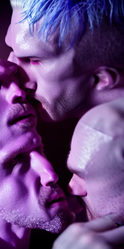 Prompt: hyperrealistic close-up of beautiful albino man kissing another man with purple hair and pearlescent blue skin james paick machiej kuciara very dramatic neon lighting on one side wide angle 35mm shallow depth of field