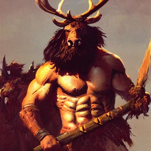 Image similar to hairy barbarian with moose head by greg rutkowski by frank frazetta