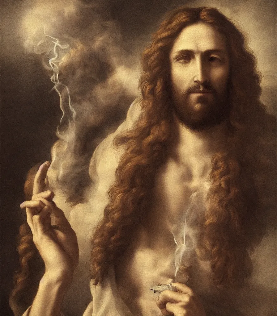 Image similar to a perfect portrait picture of jesus smoking a joing by leonadro da vinci, high resolutoion, artstation