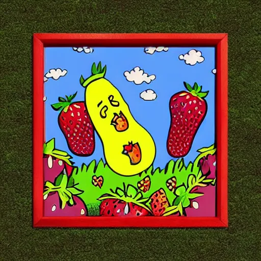 Prompt: strawberry fields forever and a yellow submarine floating in the sky ,