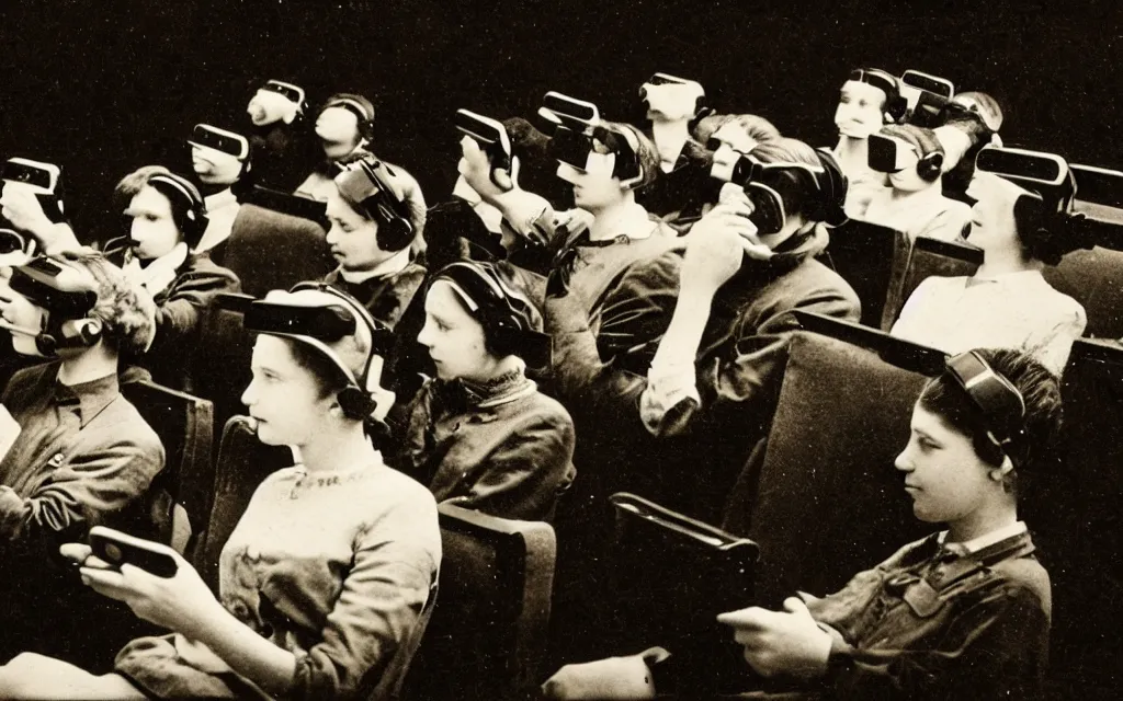 Image similar to 1 9 0 0 s photo of people using iphones ipods virtual reality headsets vr in a movie theater double exposure masterpiece