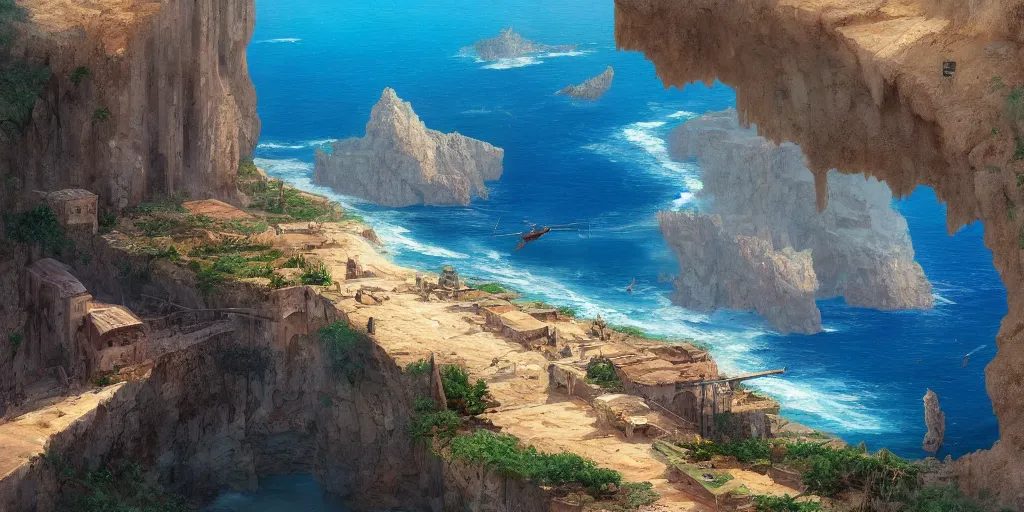 Image similar to looking out a plane window window to see the road to a mediterranean phoenician fishing village, over a chalk cliff, highly detailed, digital painting, artstation, concept art, sharp focus, illustration, art by artgerm and greg rutkowski and raphael lacoste and magali villeneuve