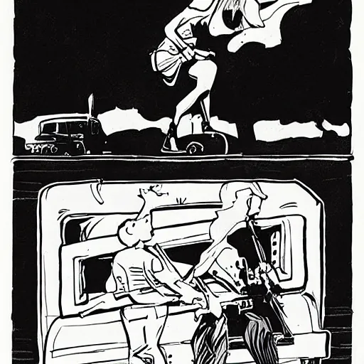 Prompt: storyboard of a girl holding onto the back of a truck, heavy ink, by mike mignola