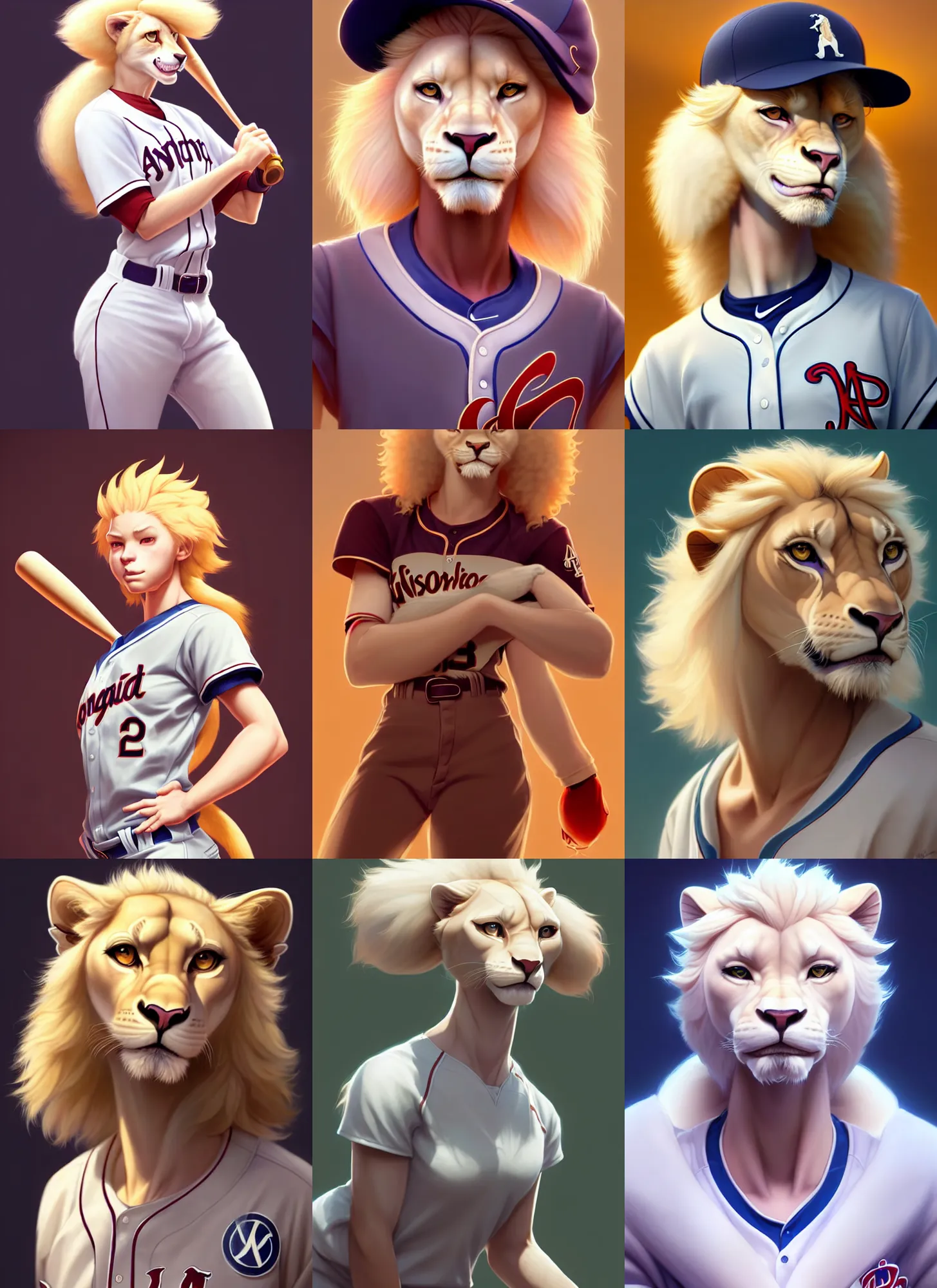 Prompt: beautiful portrait of a female anthropomorphic albino lioness fursona baseball player. character design by disney, charlie bowater, ross tran, artgerm, and makoto shinkai, detailed, soft lighting, rendered in octane