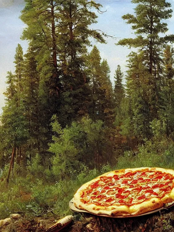 Prompt: Ivan Shishkin painting of a beautiful pizza at forest, beautiful lighting, sunny, summer, painting Ivan Shishkin