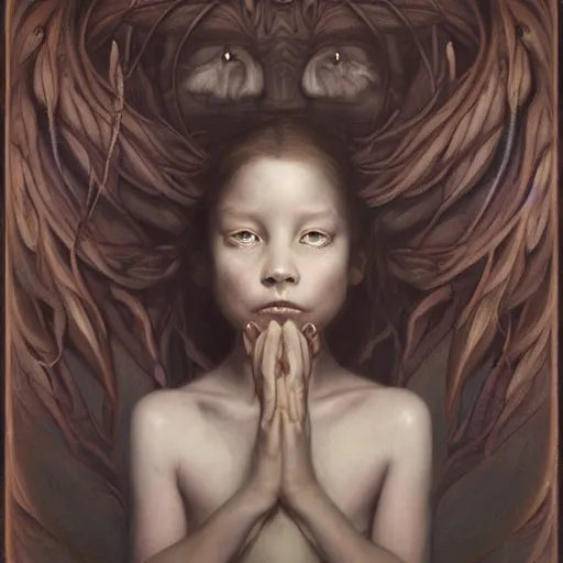 Image similar to a little girl looking at her adult reflection in the mirror, in the style of peter mohrbacher by weta digital and beth cavener, high face symmetry, intricate, masterpiece, award winning, high face symmetry, intricate