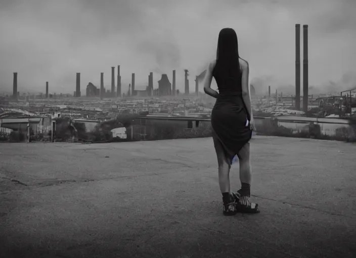 Prompt: mysterious sad girl wrapped in smoke observing a big industrial city metropoli in the distance, cloudy sky, polaroid artistic photo