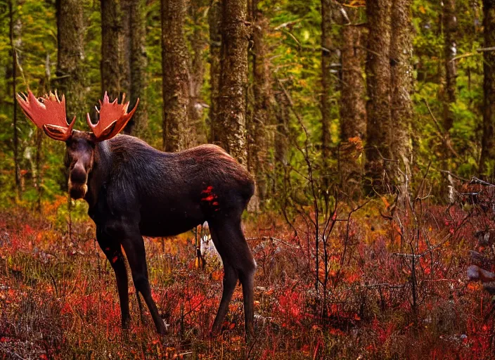Image similar to an award winning photo of an! undead!!! zombie!! moose with red! eyes!, full body portrait, evening!! in the forest, 4 k, wildlife photography, high quality, national geographic