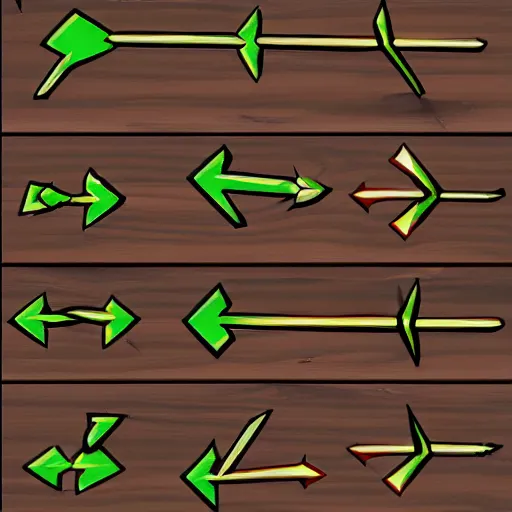 Prompt: [ flying wooden arrows with steel tip ] [ unity 2 d ] [ spritesheet ] [ video game assets ]