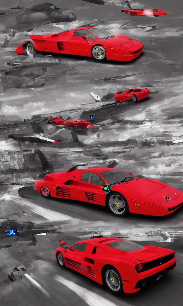 Prompt: a ferrari testarossa speeding over 3 0 0 mph coming in our direction under the avengers plane on a straight road in le cap - ferret, global illumination lighting artstation