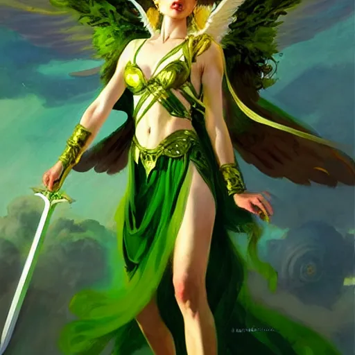 Image similar to greg manchess painting of goddess of hunt wearing shiny mythical green clothes, green and white long hair, long wings, large angelic sword, soft lighting, trending on artstation, by huang guangjian and gil elvgren and sachin teng