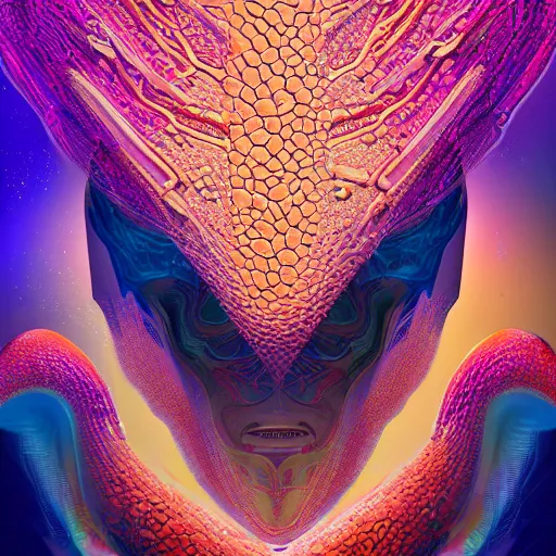Prompt: Face of a Alien Deity, corals, circuitry, plume made of geometry, extremly detailed digital painting, sharp focus in the style of android jones, artwork of a futuristic artificial intelligence superstar, mystical colors, rim light, beautiful lighting, 8k, stunning scene, raytracing, octane, under water visual distortion, dark tones colors, trending on artstation
