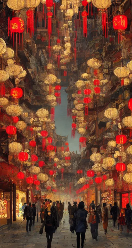 Image similar to epic scenery of a shopping street in the Chinese imperial city, intricate, elegant, volumetric lighting, digital painting, highly detailed, artstation, sharp focus, illustration, concept art, ruan jia, steve mccurry