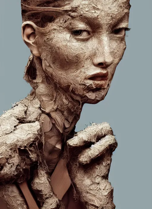 Image similar to sculpture made of wood, portrait, female, future, harper's bazaar, vogue, magazine, intricate, concept art, close up, ornate, luxury, elite, elegant, trending on artstation, by ruan jia, by Kenneth Willardt, by ross tran, by WLOP, by Andrei Riabovitchev,