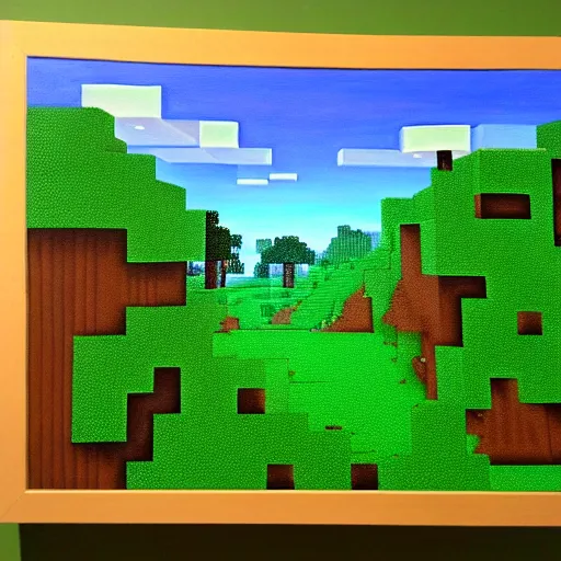 Prompt: a highly detailed painting of a minecraft landscape by derek riggs