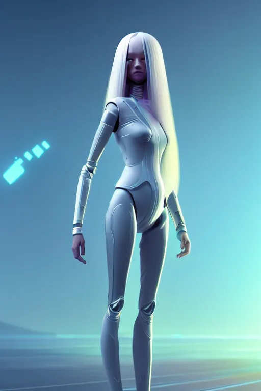 Image similar to upright and straight android women, scifi, futuristic design, full body model, long white hair, character design, cinematic lighting, highly detailed, by beeple, goro fujita, smooth gradient.