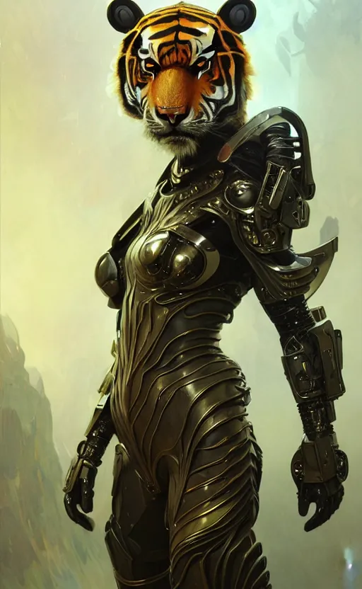 Image similar to a anthropomorphic cyber tiger wearing scifi armor, diffuse lighting, fantasy, intricate, elegant, highly detailed, lifelike, photorealistic, digital painting, artstation, illustration, concept art, smooth, sharp focus, art by john collier and albert aublet and krenz cushart and artem demura and alphonse mucha