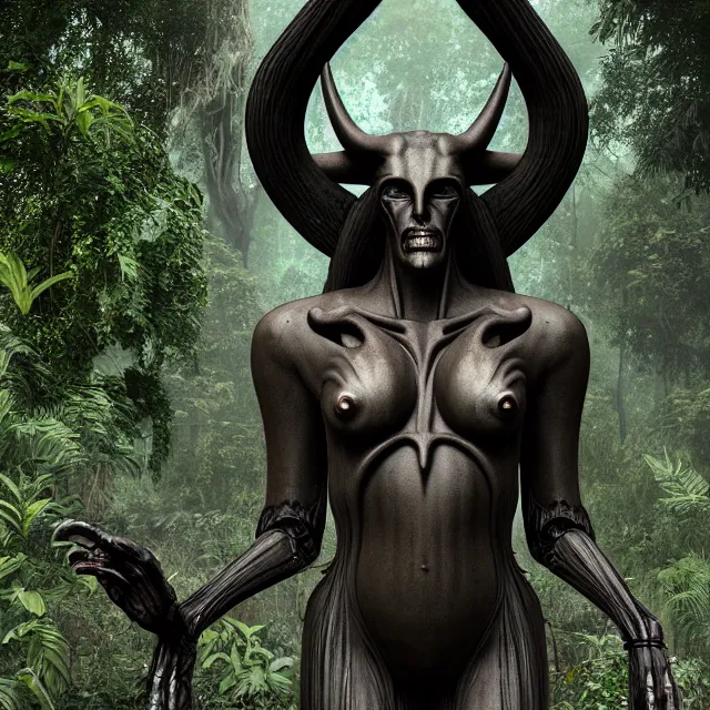 Image similar to a beautiful portrait of baphomet, 8 k, zbrush, octane, 8 k, incredibly detailed, ancient deity, androgynous, hr giger, peter gric, pablo amaringo, jack kirby, android jones, alex grey, cybernetic organism, nvidia, unreal engine, overgrown jungle ruins