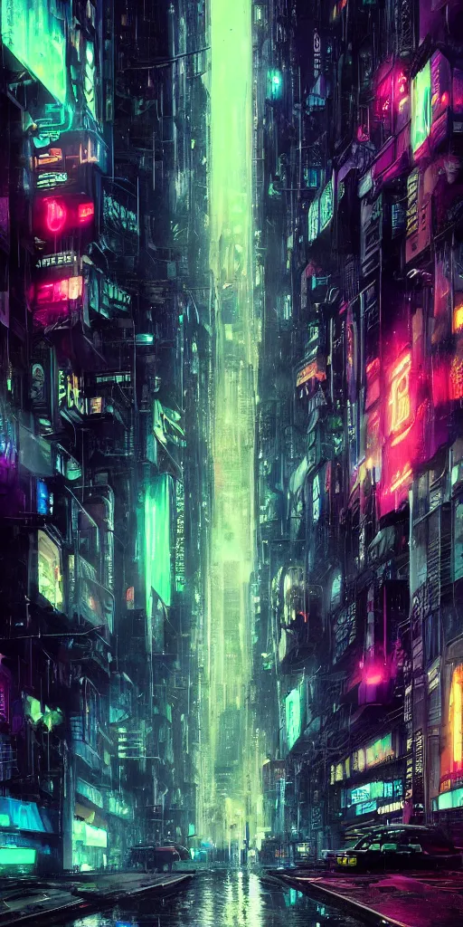 Image similar to hyper realistic cyberpunk cityscape,neon,rain,blade runner, looming surreal sky, stars,moon, 8k,cinematic lighting, detailed oil painting, by tristan eaton,Stanley Artgermm,Tom Bagshaw,Greg Rutkowski,Carne Griffiths,trending on DeviantArt,chillwave,minimalist,cybernetic, android, blade runner,full of colour