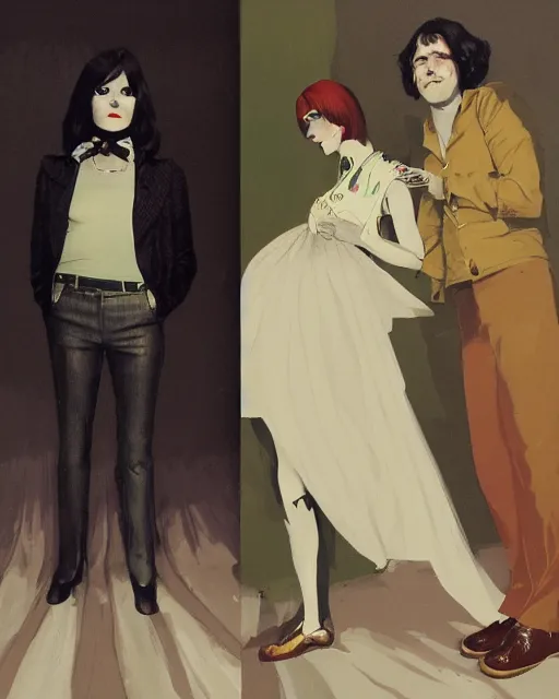 Prompt: a man and a woman who are beautiful but creepy, wearing vivienne westwood collars in layers of fear, with haunted eyes and dark hair, 1 9 7 0 s, seventies, wallpaper, a little blood, morning light showing injuries, delicate embellishments, painterly, offset printing technique, by brom, robert henri, walter popp