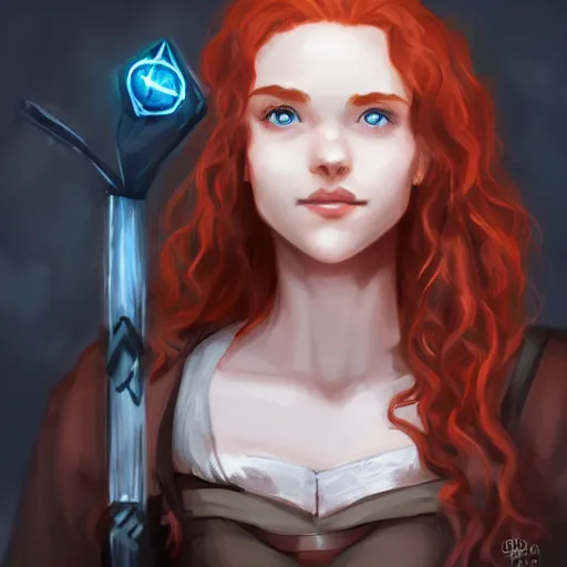 Image similar to a young woman with curly red hair, freckles, smart, portrait, shallan davar, blue eyes, smiling, thick hair, rpg, dnd, fantasy, artgerm style