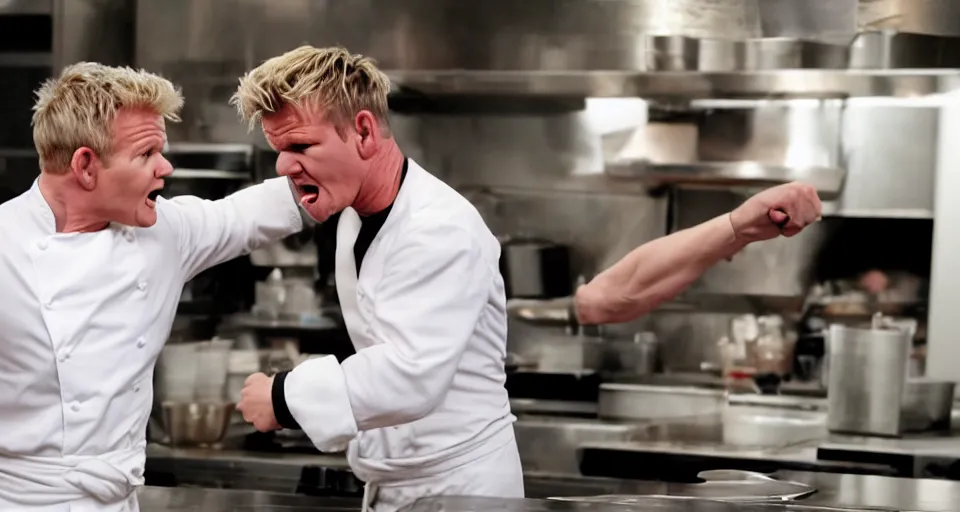 Image similar to photo of angry furious Gordon Ramsay punching Gordon Ramsay at the kitchen