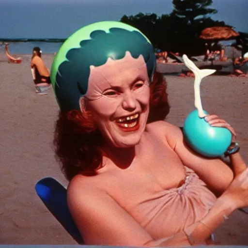 Image similar to 1981 woman on tv show wearing a happy squishy inflatable prosthetic mask, soft color wearing a swimsuit at the beach 1981 color film 16mm holding a an inflatable fish Fellini John Waters Russ Meyer Doris Wishman old photo