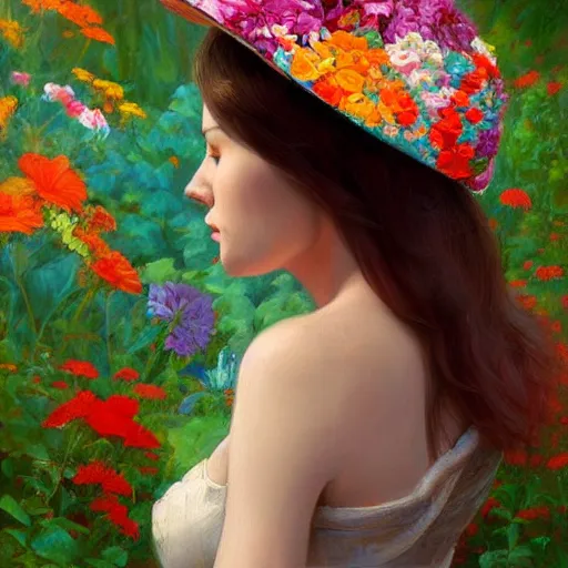 Image similar to a painting of a woman wearing a floral hat in a beautiful garden, an ultrafine detailed painting by james jean, cgsociety, figurative art, ilya kuvshinov, detailed painting, rich color palette