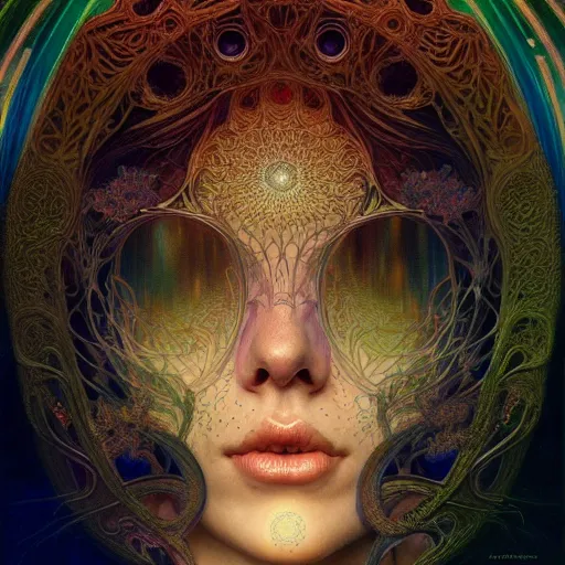 Image similar to An extremely psychedelic experience, surreal, dramatic lighting, magic mushrooms, psilocybin, LSD, face, detailed, intricate, elegant, highly detailed, digital painting, artstation, concept art, smooth, sharp focus, illustration, art by Krenz Cushart and Artem Demura and alphonse mucha