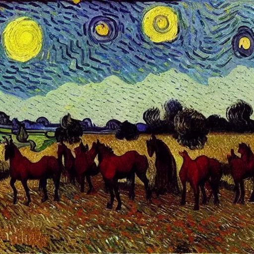 Image similar to horses standing in a field in the moonlight, award winning painting by Vincent van gogh, highly detailed, masterpiece