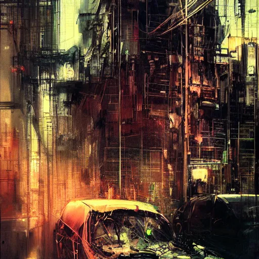 Image similar to a cyberpunk, wires, machines, in a dark future city by jeremy mann, francis bacon and agnes cecile, ink drips, paint smears, digital glitches glitchart c - 1 0