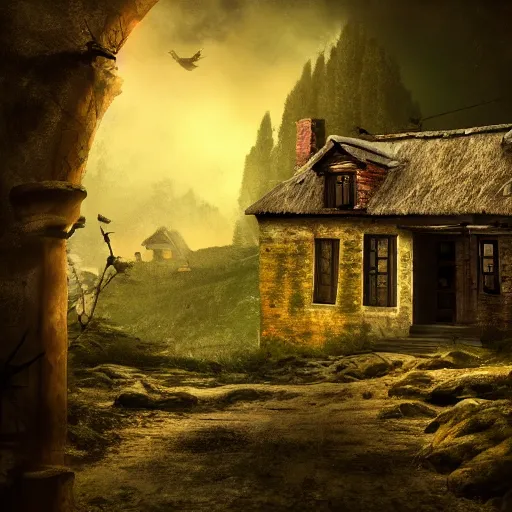 Image similar to cottage on a hillside in the depths of hell, dangerous hallways filled with bandits, violent, scary, intense, cinematic film, photography, digital painting, gorgeous, 4 k wallpaper