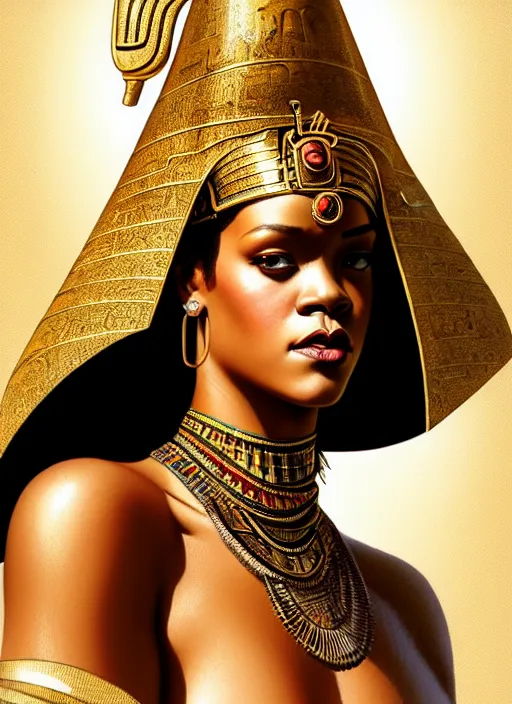 Image similar to portrait of rihanna as pharaoh, ancient egypt, hat, colt, intricate, headshot, highly detailed, digital painting, artstation, concept art, sharp focus, cinematic lighting, illustration, art by artgerm and greg rutkowski, alphonse mucha, cgsociety